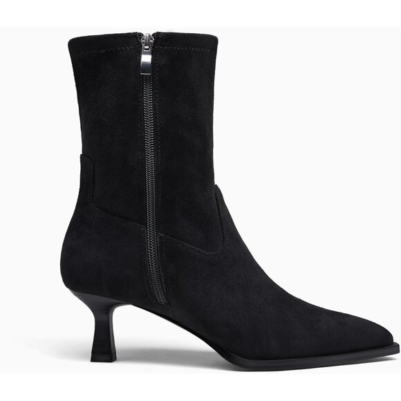 Women's Black Suede Pointed Toe Ankle Boots Stacked Kitten Low Heel Side Zipper - Picture 5 of 6